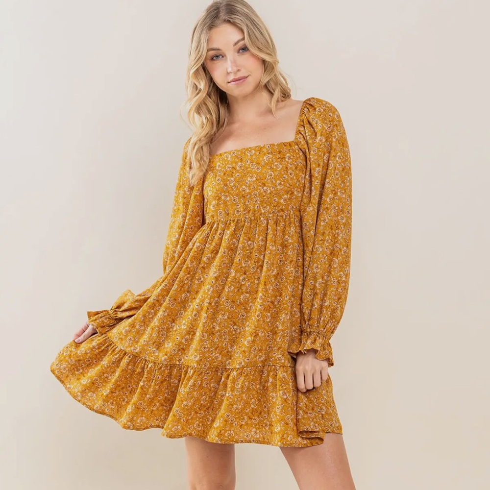 Romantic Floral Square Neck Long Sleeve Dress in mustard